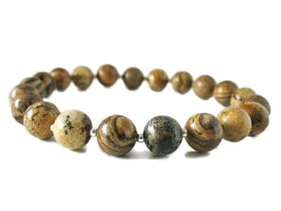 Light Brown Picture Jasper & Sterling Silver Beaded Unisex Bracelet