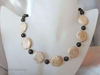 Light Brown Sand Jasper Coins Chunky Necklace With Brown Coffee Jasper & Sterling Silver
