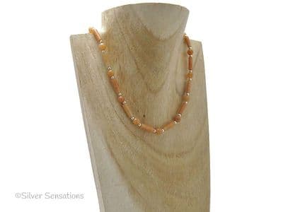 Light Orange Red Aventurine Tubes & Rounds Sterling Silver Necklace