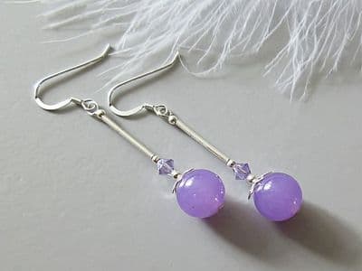 Lilac Purple Jade Earrings With Sterling Silver Tubes & Crystals