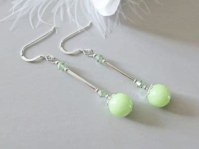 Lime Green Quartzite Earrings With Sterling Silver Tubes  & Crystals