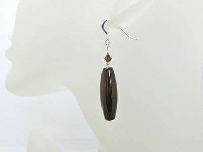 Long Dark Brown Red Agate Earrings With Swarovski Crystals & Sterling Silver