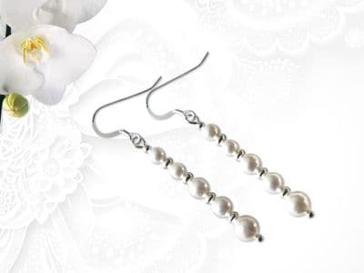 Long Graduated White Pearls Wedding Earrings