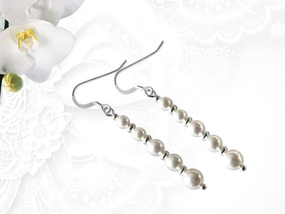Long Graduated White Pearls Wedding Earrings | Handmade Jewellery | Silver Sensations | Swarovski Pearls