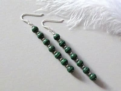 Long Natural Green Malachite Beaded Earrings With Sterling Silver