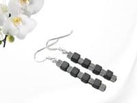 Matte Black & Silver Hematite Cubes Sterling Silver Earrings | Silver Sensations