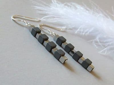 Matte Black & Silver Hematite Cubes Sterling Silver Earrings