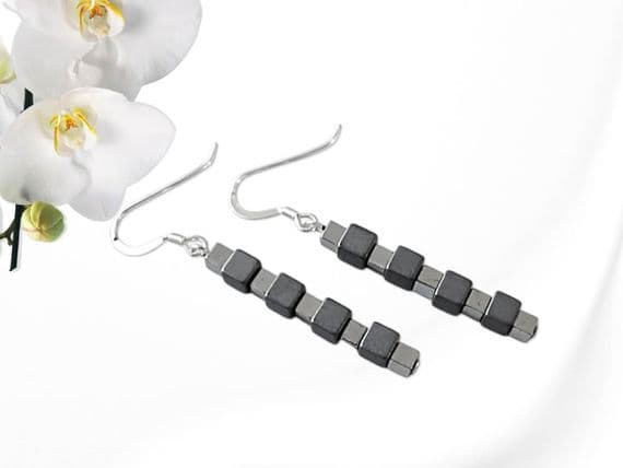 Matte Black & Silver Hematite Cubes Sterling Silver Earrings | Silver Sensations