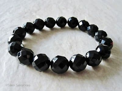 Medium Chunky Faceted Black Onyx Beaded Stretch Fashion Bracelet