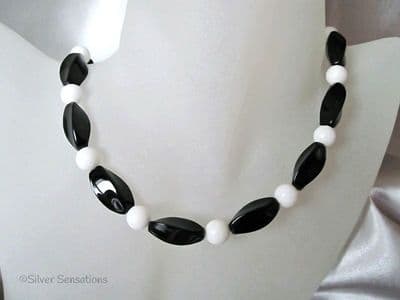 Medium Chunky Twisted Black Onyx & Snow White Agate Necklace