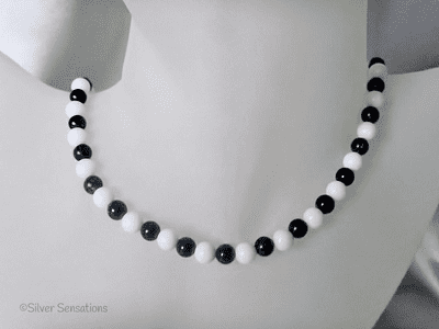 Midnight Navy Blue Sparkly Goldstone & White Agate Sterling Silver Necklace