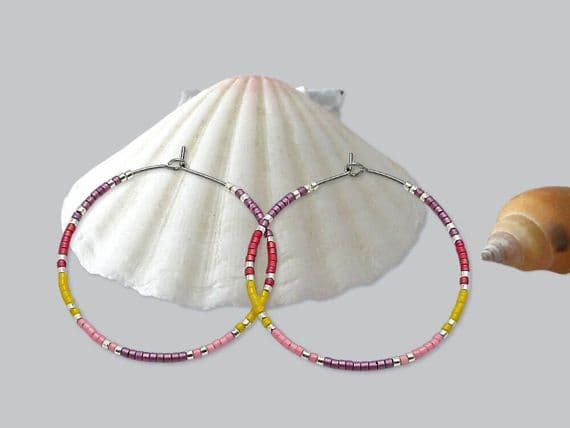 Minimalist Hoop Earrings - Purple, Red, Yellow, Pink & Silver Seed Beads | Miyuki Delica Handmade Earrings | Silver Sensations