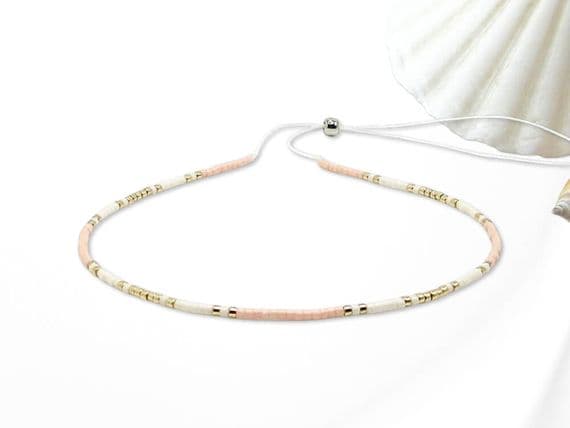 Peach & Light Gold Minimalist Seed Bead Anklet | Miyuki Delica Seed Beads | Silver Sensations