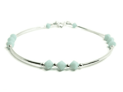 Mint Green Crystals Sterling Silver Curve Tubes Bangle Bracelet