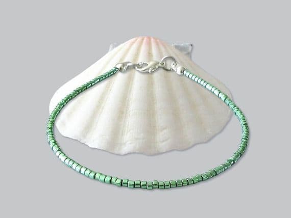 Modern Green Seed Beads Minimalist Boho Bracelet | Silver Sensations