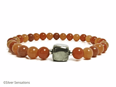Multi Shade Orange Red Aventurine & Tumbled Pyrite Cube Bead Bracelet