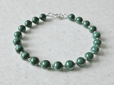 Natural Green Malachite Beaded Bracelet With  Sterling Silver