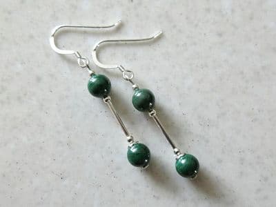 Natural Green Malachite Beaded Earrings With Sterling Silver Tubes