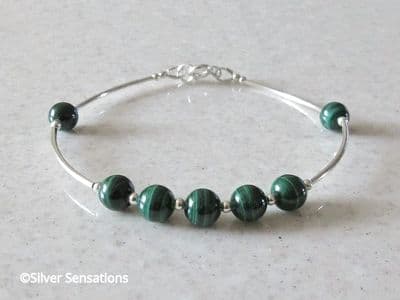 Natural Green Malachite Bracelet With  Sterling Silver Curved Tubes