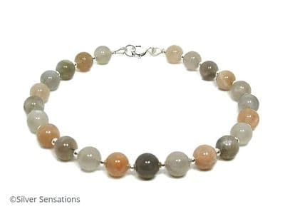 Natural Grey & Peach Moonstone & Sterling Silver Beaded Bracelet