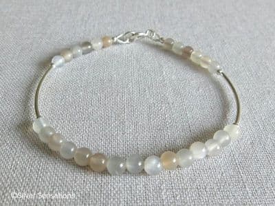 Natural Peach & Grey Moonstone Beaded Sterling Silver Bracelet