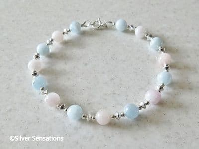Natural Pink & Blue Morganite Beads & Sterling Silver Bracelet