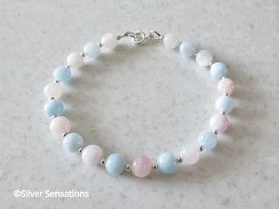 Natural Pink & Blue Morganite & Sterling Silver Beads Bracelet