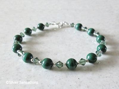 Natural Stripey Green Malachite Bracelet With Austrian Made Crystals & Sterling Silver