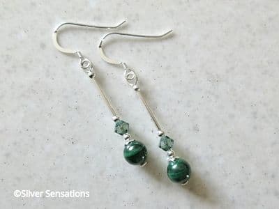 Natural Stripey Green Malachite Earrings With Austrian Made Crystals & Sterling Silver