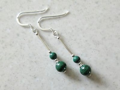 Natural Stripey Green Malachite Earrings With Sterling Silver Tubes