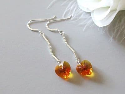 Orange Crystal Heart Earrings With Sterling Silver Bars