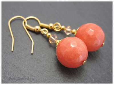 Orange Jade, Crystals & Gold Plated Short Drop Earrings