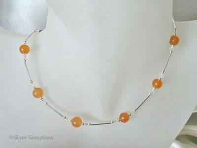Orange Jade, Sparkly AB Rainbow Austrian Made Crystals & Sterling Silver Tubes Necklace