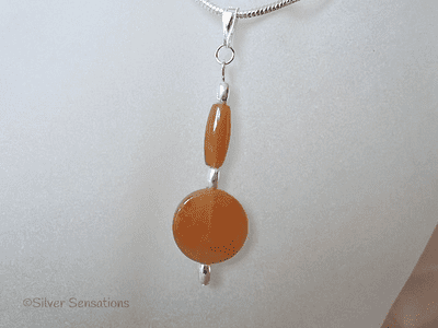 Orange Red Aventurine Coin & Rice Beads Sterling Silver Pendant
