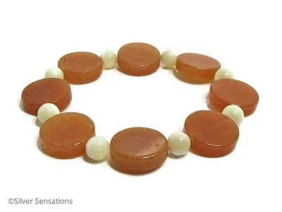 Orange Red Aventurine Coins & Ivory Cream Mother of Pearl Bead Bracelet