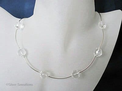 Paige - Faceted Clear Rock Crystals & Sterling Silver Curved Tubes Bridal Necklace