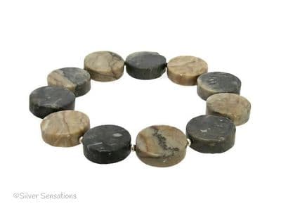 Pale Brown & Grey Yellow Cloudy Jasper Coins & Sterling Silver Bracelet