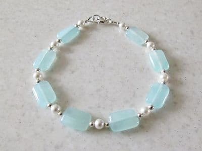 Pale Green Hemimorphite Bracelet With White Pearls & Sterling Silver