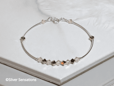 Pale Peach & Rose Gold Austrian Made Crystals & Sterling Silver Curve Tubes Bracelet