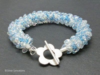 Pastel Baby Blue Beaded & Woven Petals Kumihimo Seed Bead Bracelet