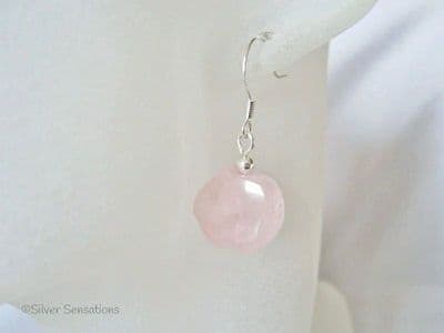 Pastel Baby Pink Rose Quartz Pig Beads & Sterling Silver Fashion Earrings
