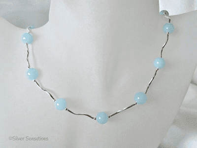 Pastel Blue Jade Necklace With Sterling Silver Wave Tubes