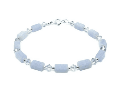 Pastel Blue Lace Agate Bracelet With Swarovski Crystals & Sterling Silver