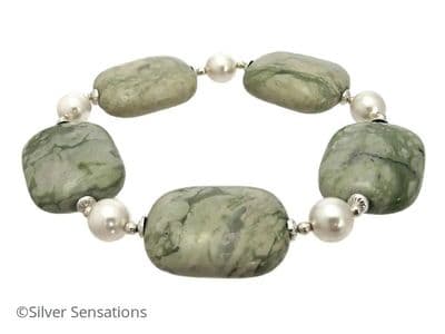 Pastel Green & Cream Peace Jade, Austrian Made Pearls & Sterling Silver Chunky Bracelet