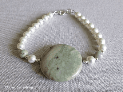 Pastel Green & Cream Peace Jade Coin, White Pearls & Sterling Silver Bracelet