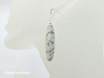 Pastel Green & Cream Peace Jade & Sterling Silver Long Earrings