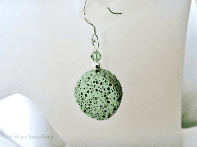 Pastel Green Volcanic Lava Coin, Swarovski Crystals & Sterling Silver Short Drop Earrings