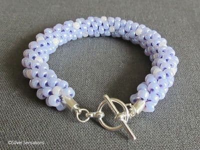 Pastel Lilac Purple & Pearly White Beaded & Woven Kumihimo Seed Bead Bracelet