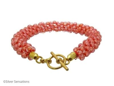 Pastel Peach Beaded & Woven Kumihimo Seed Bead Bracelet