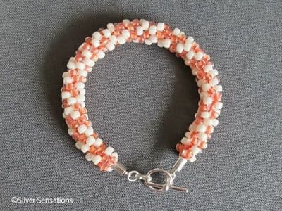 Pastel Peach & Creamy White Kumihimo Seed Bead Bracelet
